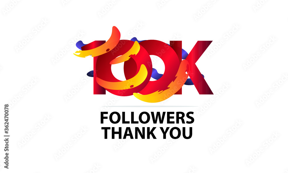 Obraz premium 100K,100.000 Followers Thank you logo Sign Ribbon Gold space Red and Blue, Yellow number vector illustration for social media, internet - vector