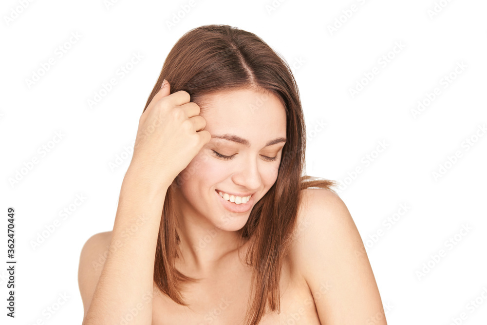 Beauty young woman smiling. Studio happy portrait. Medicine procedure. Cosmetology skin health. White isolated background. Dentist teeth concept. Oral care. Self home routine. Horizontal Beauty young woman smiling. Studio happy portrait. Medicine procedure. Cosmetology skin health. White isolated background. Dentist teeth concept. Oral care. Self home routine. Horizontal