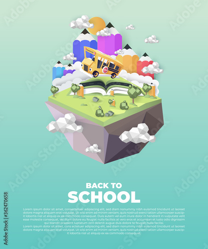 Paper art of school bus running on country road, back to school concept, vector art and illustration.
