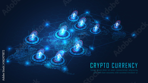 Bit coin blockchain technology with global connection concept suitable for financial investment or crypto currency trends business idea and all art work design - Vector