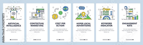 Artificial intelligence and marketing. Mobile app onboarding screens, vector website banner template
