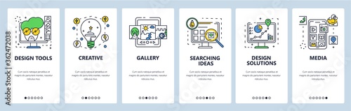 Design solutions, tools, ideas. Mobile app onboarding screens, vector website banner template