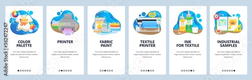 Print shop equipment and supplies. Mobile app onboarding screens, vector website banner template