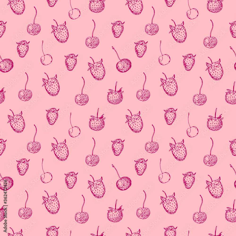 Strawberries and cherries, seamless pattern, vector illustration, red and pink color Strawberries and cherries, seamless pattern, vector illustration, red and pink color