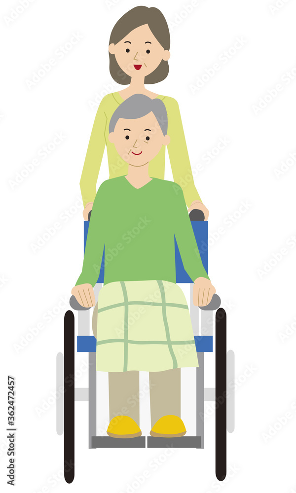 Illustration of an old man in wheelchair and family Illustration of an old man in wheelchair and family