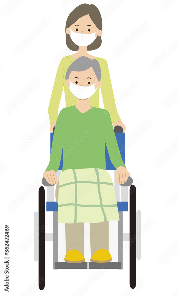 Illustration of an old man in wheelchair and family Illustration of an old man in wheelchair and family