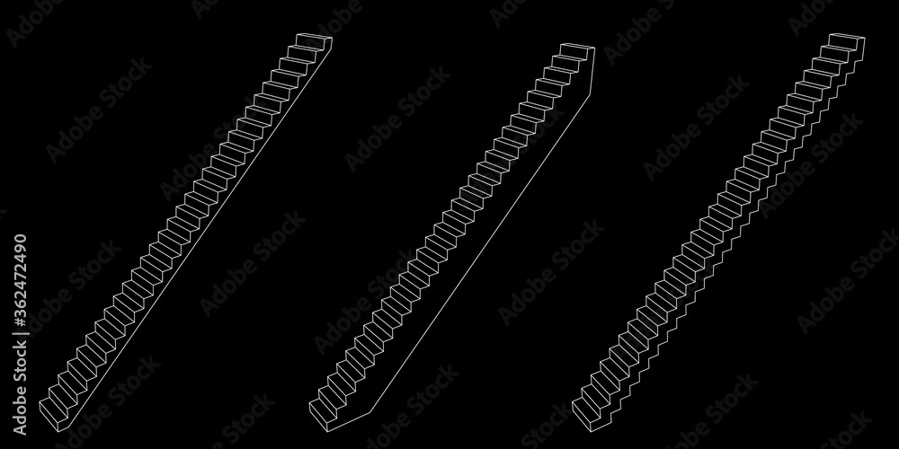 Stairway set. 3d Vector outline illustration. Isolated on black background.