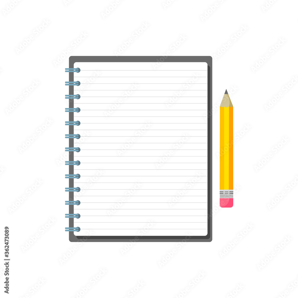 Template with spiral notepad and paper sheets, pencil isolated on white background with place for text. Diary for business, school vector background with open notebook. Office stationery items. Template with spiral notepad and paper sheets, pencil isolated on white background with place for text. Diary for business, school vector background with open notebook. Office stationery items.