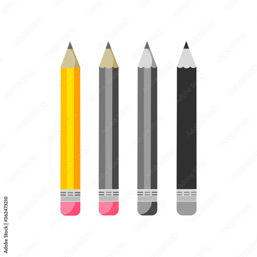 Set of school pencils with rubber isolated on white background. Vector illustration on flat cartoon style. Design for template, web, app, branding, advertising, card, school Set of school pencils with rubber isolated on white background. Vector illustration on flat cartoon style. Design for template, web, app, branding, advertising, card, school