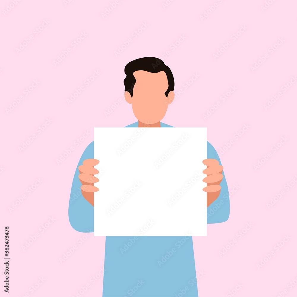 Man holds a poster for your message. Vector illustration. Poster for social networks. For drawing on a t-shirt. Space for entering text of your slogan. Man with dark hair. Blank for business. Man holds a poster for your message. Vector illustration. Poster for social networks. For drawing on a t-shirt. Space for entering text of your slogan. Man with dark hair. Blank for business.