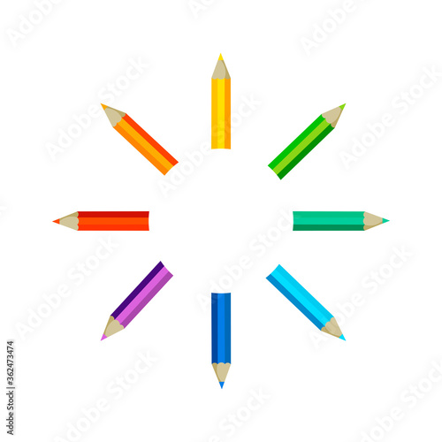 Collection of colored pencilswith copy space isolated on white background. Vector illustration on flat cartoon style. Design for template, web, app, branding, advertising, card, school