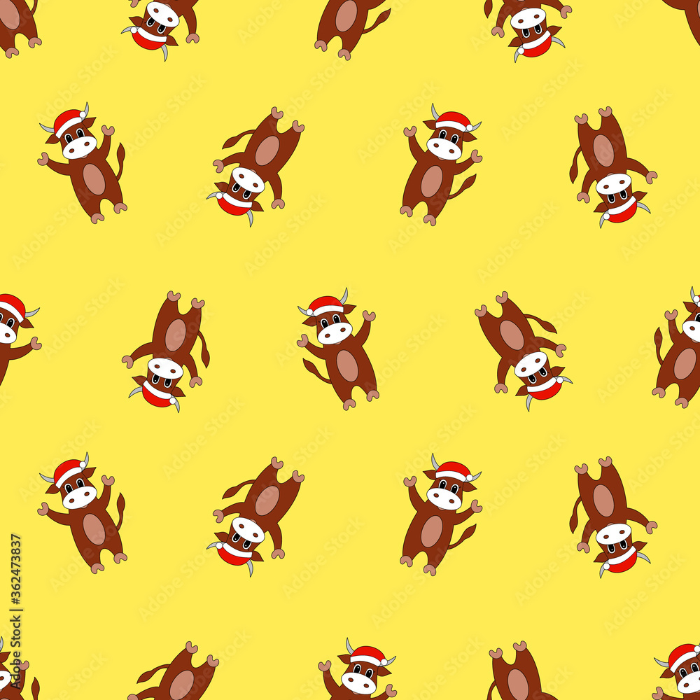 Naklejka premium Seamless pattern with cartoon bull in santa hat. Vector illustration.