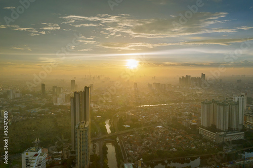 Aerial scenery of Jakarta city on sunrise time
