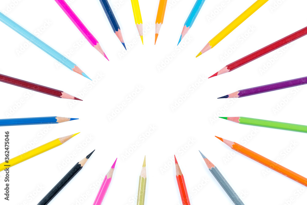 Close up of colored pencils shaped a circle symbol Close up of colored pencils shaped a circle symbol