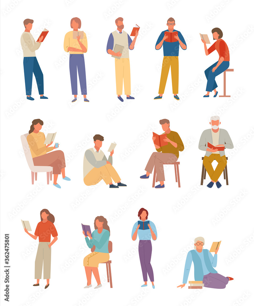 People books read large set. Characters carefully study books professor scientific work girl reads fantasy male science fiction elderly woman sits classical literature. Vector knowledge. People books read large set. Characters carefully study books professor scientific work girl reads fantasy male science fiction elderly woman sits classical literature. Vector knowledge.