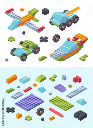 Kids constructor toys isometric set. Variety modern colored tiles details assembled toy models wheeled tank airplane speed boat geometric planks shapes wide narrow childrens designer. Vector style.