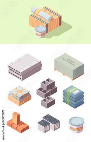 Building construction materials isometric set. Bobbin linoleum bucket glue box tiles concrete blocks gray cinder packaging cement bags wooden board red brick gypsum plasterboard. Vector cartoon style