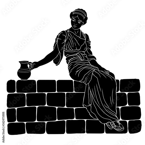 A young ancient Greek woman sits on a stone parapet and holds a jug of wine in her hand.