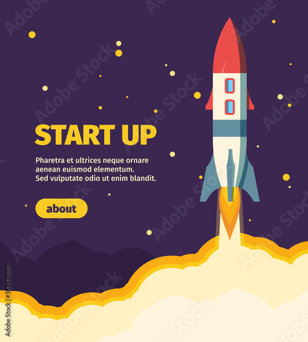 Rocket new start up illustration. Take off spaceship from launch pad star new business project successfully starting scientific journey planets completion new start up. Cartoon vector mission.