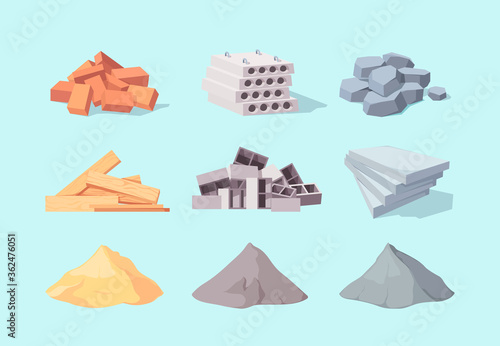 Material building set. Piles large gray cement facing stone drywall packaging yellow sand concrete blocks pile red brick curly cinder block processed wooden boards. Vector architectural cartoon.