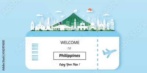 Philippines Travel postcard, poster, tour advertising of world famous landmarks. Vectors illustrations