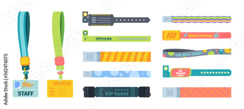 Control bracelets plastic template set. Silicone bandages colored character identification events music concert free access hotel spa necked area VIP client museum exhibition. Vector template style.