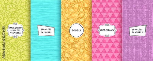 Set of seamless hand drawn texture designs for backgrounds, business cards, web design. Doodle pattern with trendy modern labels on bright background. vector illustration