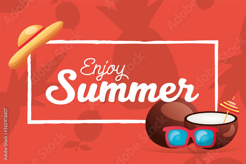 summer coconuts glasses and hat frame vector design