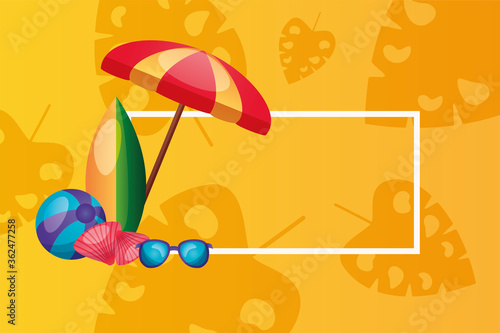umbrella surfboard glasses shells and ball with frame vector design