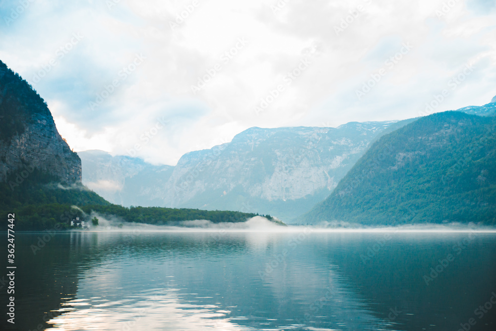 panoramic view of hallstatt sea at misty weather