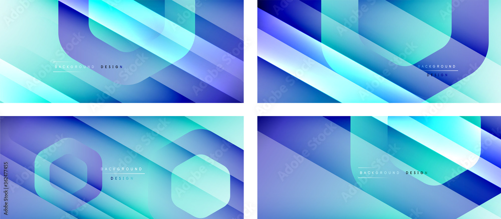 Set of hexagon geometric shapes and fluid gradients with 3d shadow and light straight lines, minimal abstract backgrounds Set of hexagon geometric shapes and fluid gradients with 3d shadow and light straight lines, minimal abstract backgrounds