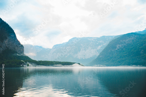 panoramic view of hallstatt sea at misty weather