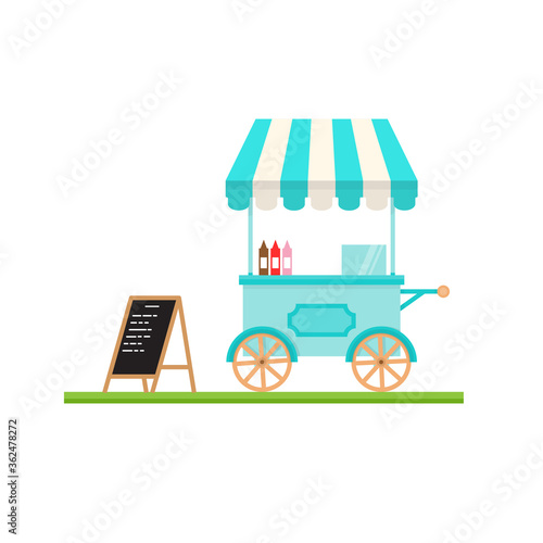 Modern minimalist street cart design with announcement board. Vector. Flat icon shop or market store front. For web design and application interface, also useful for infographics.
