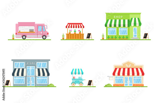 Fototapeta Naklejka Na Ścianę i Meble -  Set of store, shop, street store cart and truck icons. Vector. For web design and application interface, also useful for infographics. Modern minimalist design with facade store building