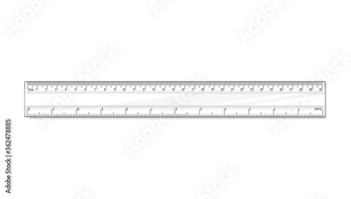 Straight ruler thirty cm. Vector math geometry transparent plastic school and office accessories. Centimeter and inch scale. Graphic realistic illustration