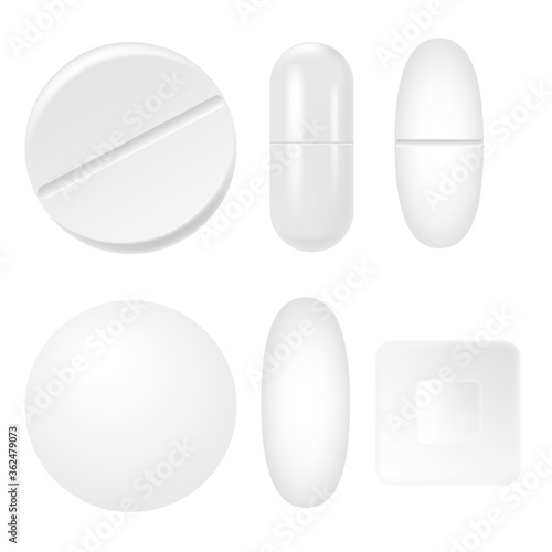 Set of 3d realistic white medical pills, capsules. Vector