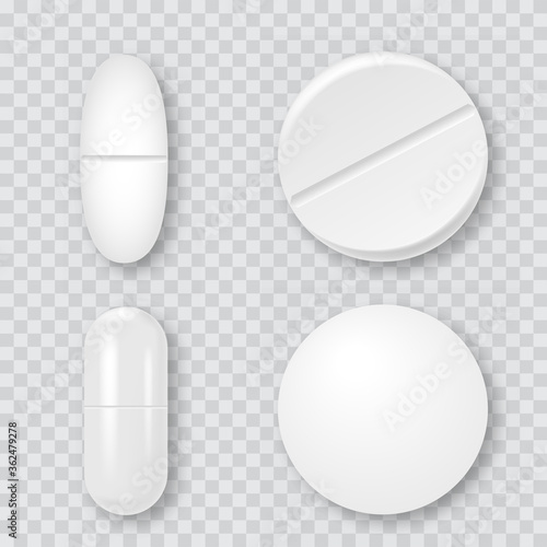 Set of 3d realistic white medical pills, capsules. Vector