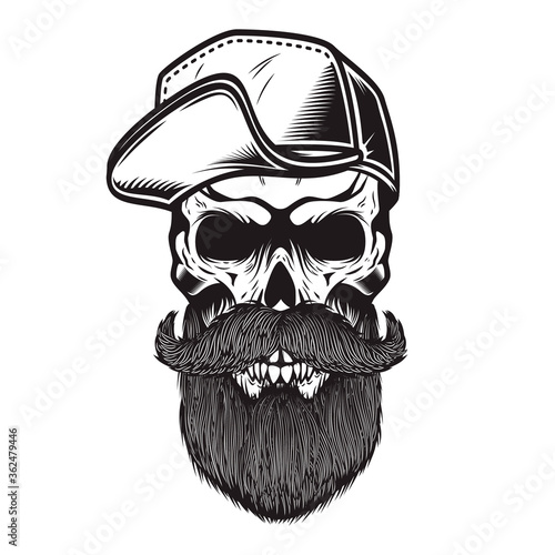 Illustration of bearded skull in baseball cap in engraving style. Design element for logo, emblem, sign, poster, card, banner. Vector illustration