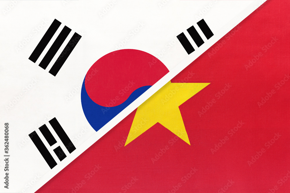 South Korea and Vietnam, symbol of national flags from textile. Championship between two countries. South Korea and Vietnam, symbol of national flags from textile. Championship between two countries.