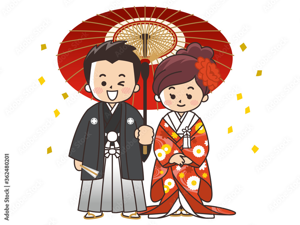 和装の新郎新婦 紋付袴 色打掛 結婚式 Stock Vector Adobe Stock