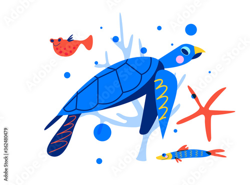 Sea turtle. Marine life, underwater world, aquarium fish. Vector illustration on a white background.