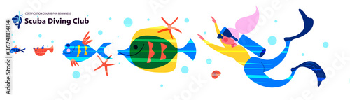 Diving. Extreme sport. Underwater swimming. Girl diver and exotic fish and underwater world. Vector illustration.
