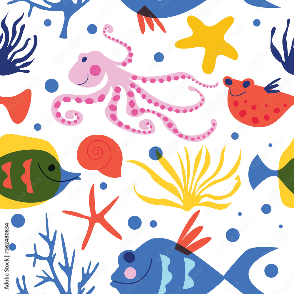 Fototapeta premium Seamless pattern. Marine life, underwater world, aquarium fish. Vector illustration on a white background.