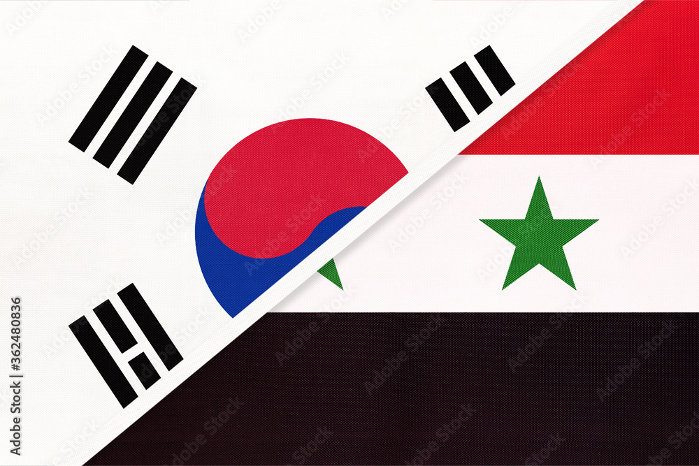 South Korea and Syria, symbol of national flags from textile. Championship between two countries. South Korea and Syria, symbol of national flags from textile. Championship between two countries.
