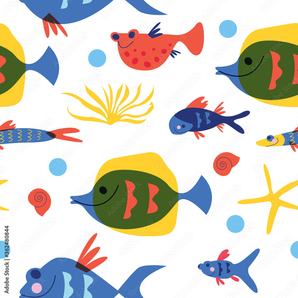 Naklejka premium Seamless pattern. Marine life, underwater world, aquarium fish. Vector illustration on a white background.