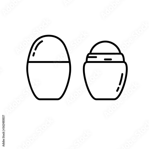 Set of two separate roll deodorant packs. Closed and open bottle without cap. Contour isolated vector emblem on white background. Linear icon of antiperspirant