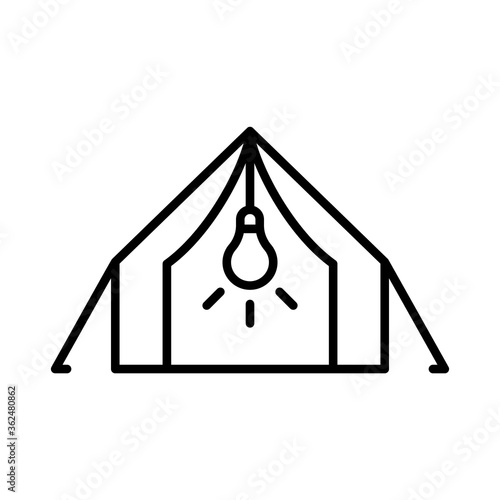 Camping tent with electricity. Line art icon of glamping. Black simple illustration of rest at nature with amenities. Contour isolated vector emblem on white background