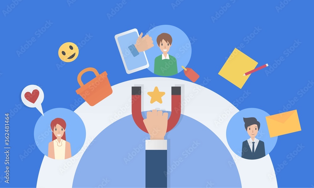 Customer retention,inbound marketing,Hand with magnet attract customers,customer support and service,business strategy concept,Vector illustration. Customer retention,inbound marketing,Hand with magnet attract customers,customer support and service,business strategy concept,Vector illustration.