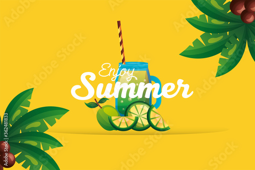 lemons with juice and palm trees vector design