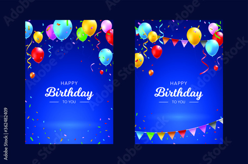 Set of Happy Birthday Vertical Poster with Colorful Balloons , Confetti and Streamers on Dark Background . Isolated Vector Elements